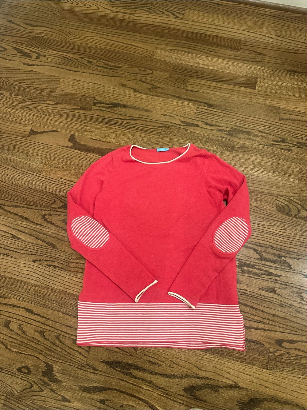 J. McLaughlin Coral Pink Stripe Hem & Elbow Patch Sweater Size Small